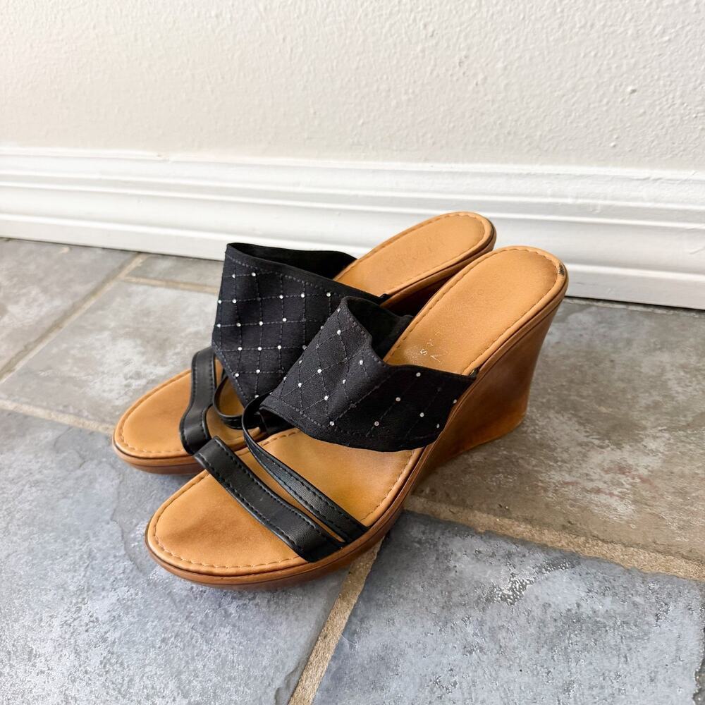 Italian Shoemakers Black Wedge Sandals 7.5 Slide Strappy Comfort Heel